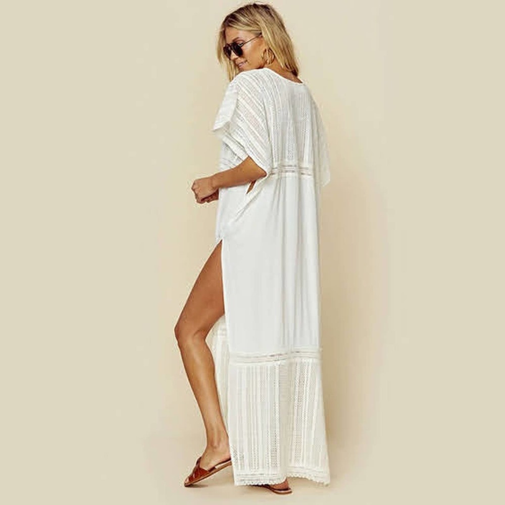 Boho White Caftan Beach Swim Coverup Maxi Dress - Picture 3 of 7